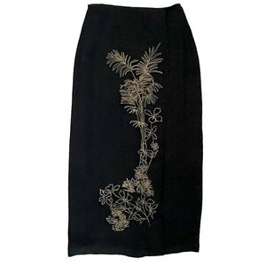 Josephine Chaus Skirt 6 Petite Black 100% Silk Embroidered Wrap Tropical Travel